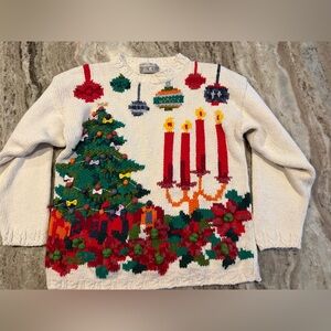 Crystal Kobe Vintage Christmas Sweater Size M/L. Tree, Ornaments, Candles.